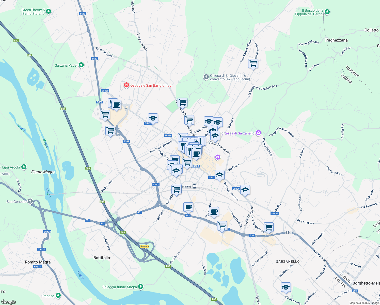 map of restaurants, bars, coffee shops, grocery stores, and more near in Province of La Spezia