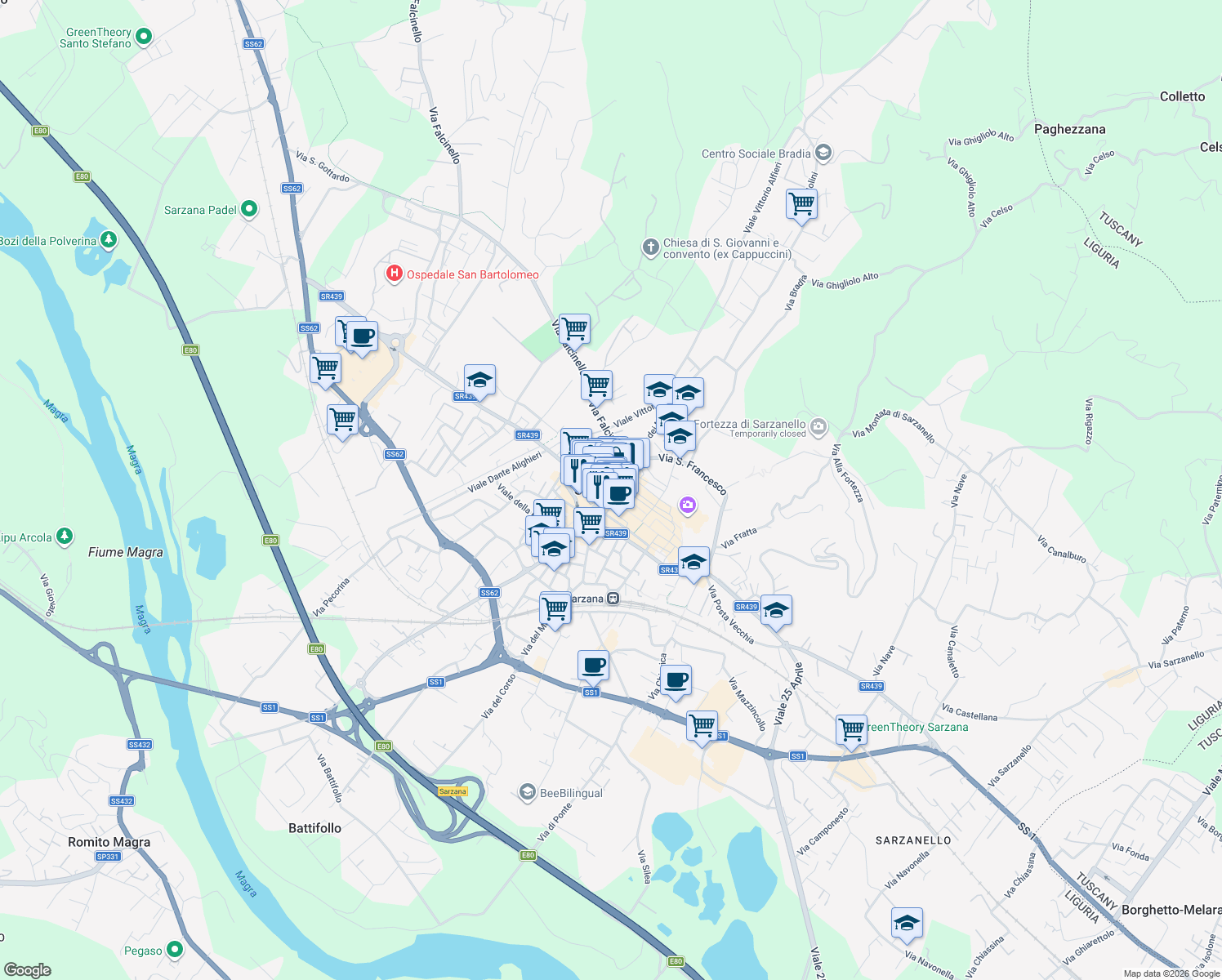 map of restaurants, bars, coffee shops, grocery stores, and more near in Province of La Spezia