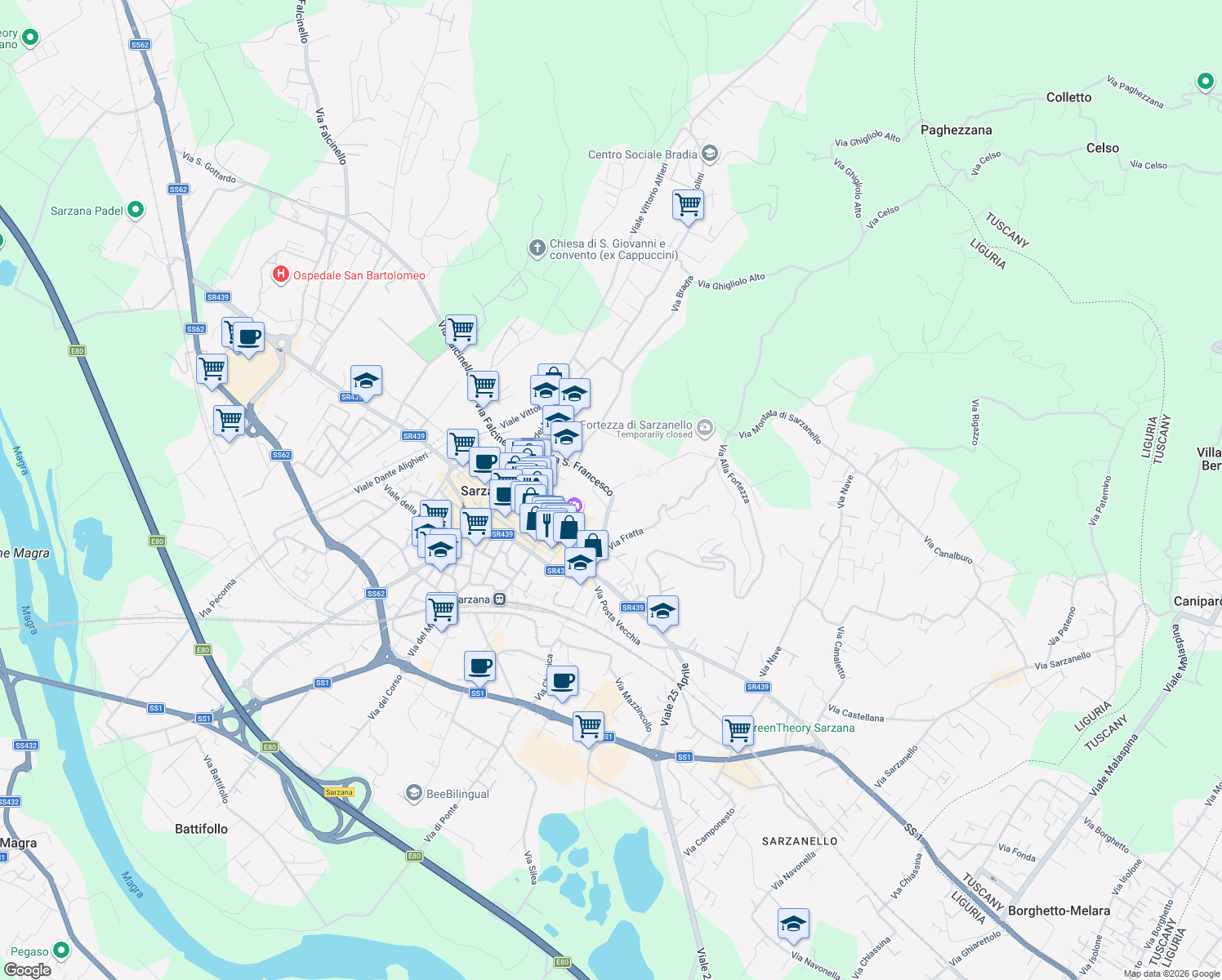 map of restaurants, bars, coffee shops, grocery stores, and more near 18 Via San Francesco in Sarzana