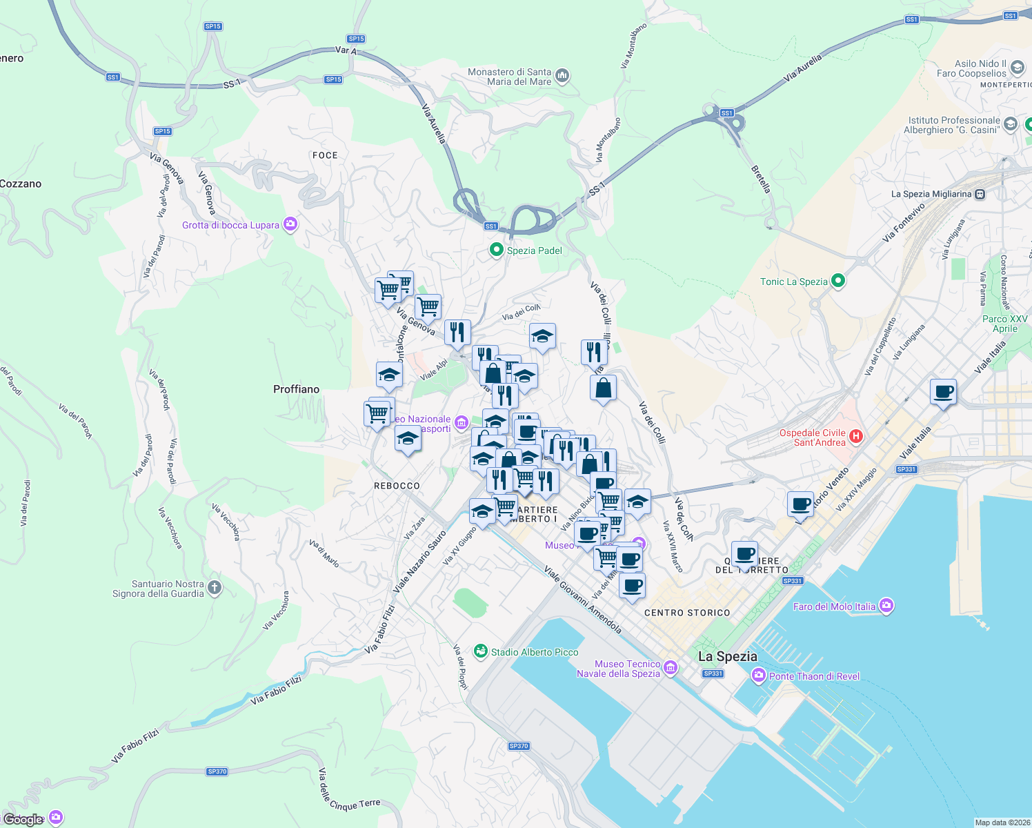 map of restaurants, bars, coffee shops, grocery stores, and more near 50 Via Oldoini Alfredo in La Spezia