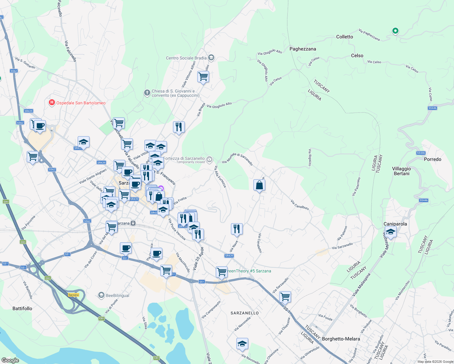 map of restaurants, bars, coffee shops, grocery stores, and more near 19-35 Via della Fortezza in Sarzana