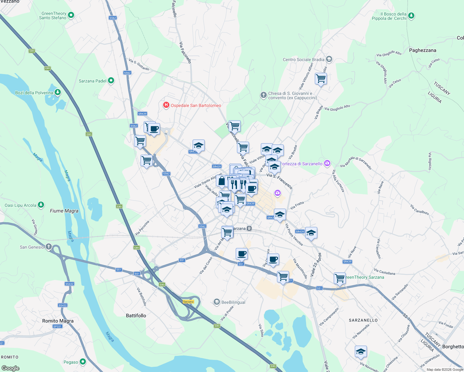 map of restaurants, bars, coffee shops, grocery stores, and more near 30 Via Antonio Bertoloni in Sarzana