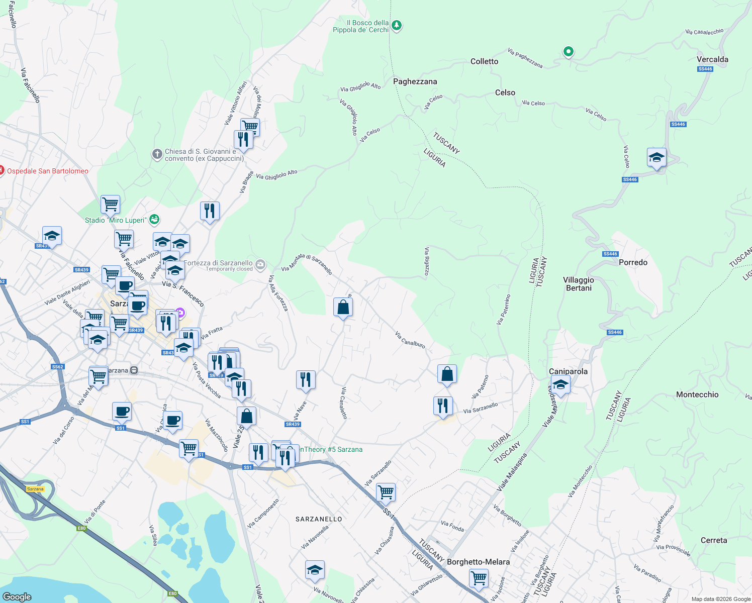 map of restaurants, bars, coffee shops, grocery stores, and more near 122H Via Canalburo in Provincia della Spezia