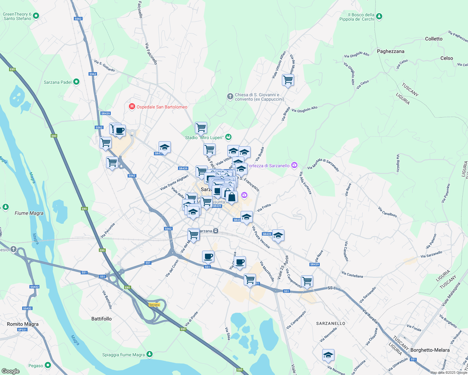 map of restaurants, bars, coffee shops, grocery stores, and more near 7 Via della Croce in Sarzana