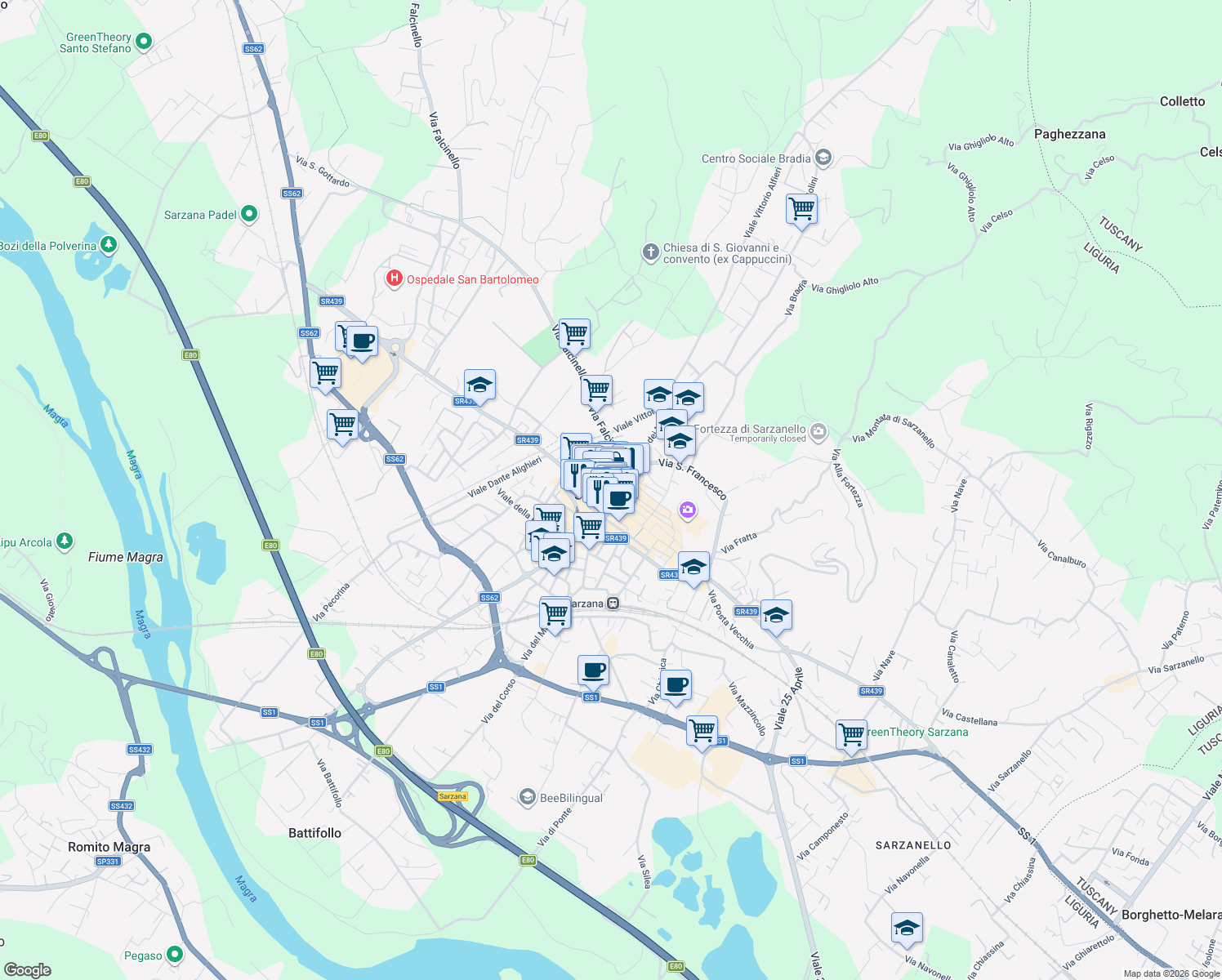 map of restaurants, bars, coffee shops, grocery stores, and more near in Province of La Spezia