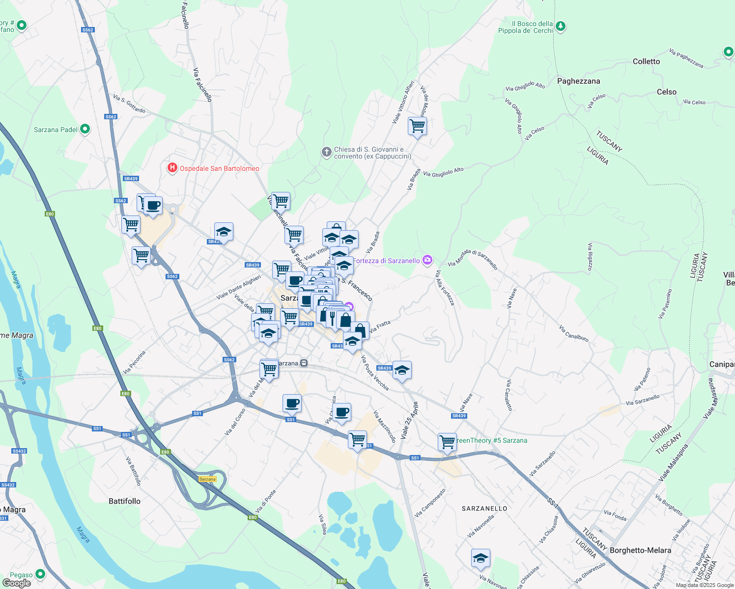 map of restaurants, bars, coffee shops, grocery stores, and more near 18 Via San Francesco in Sarzana
