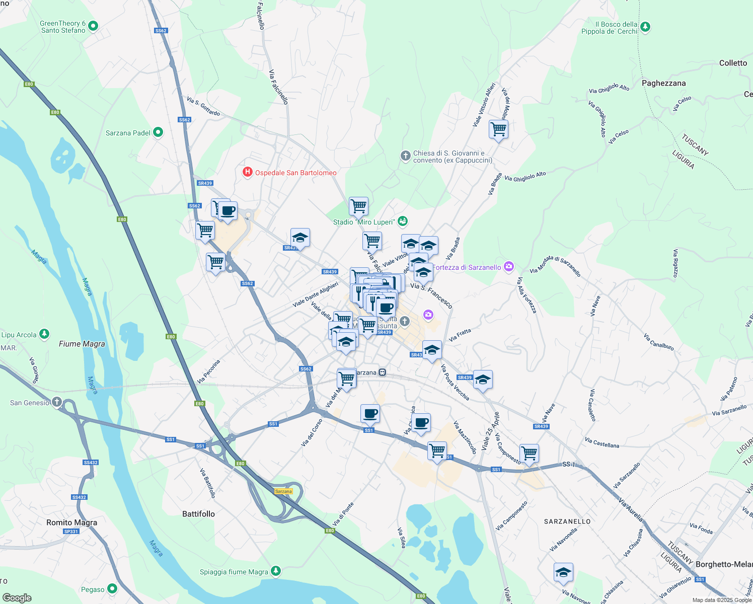 map of restaurants, bars, coffee shops, grocery stores, and more near in Province of La Spezia