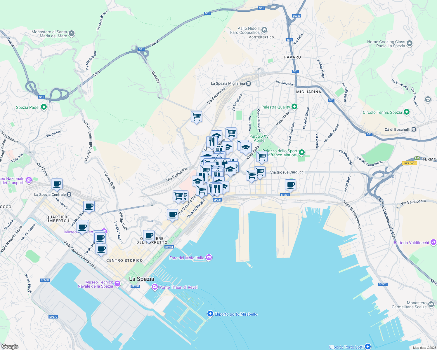 map of restaurants, bars, coffee shops, grocery stores, and more near 48 Via Giovanni Pascoli in La Spezia