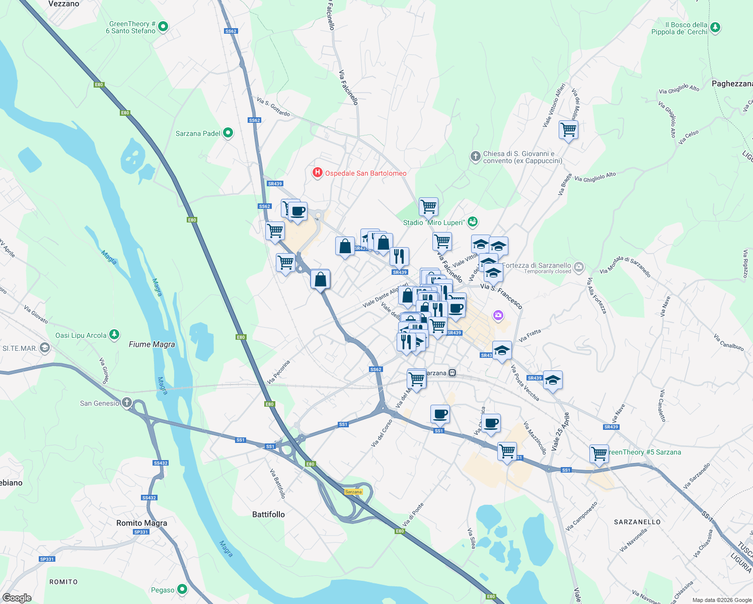 map of restaurants, bars, coffee shops, grocery stores, and more near 25 Via Dante Alighieri in Sarzana