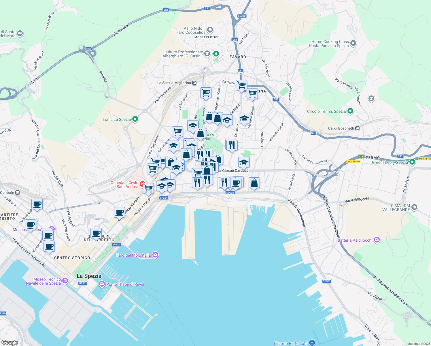 map of restaurants, bars, coffee shops, grocery stores, and more near 68 Via Giosuè Carducci in La Spezia