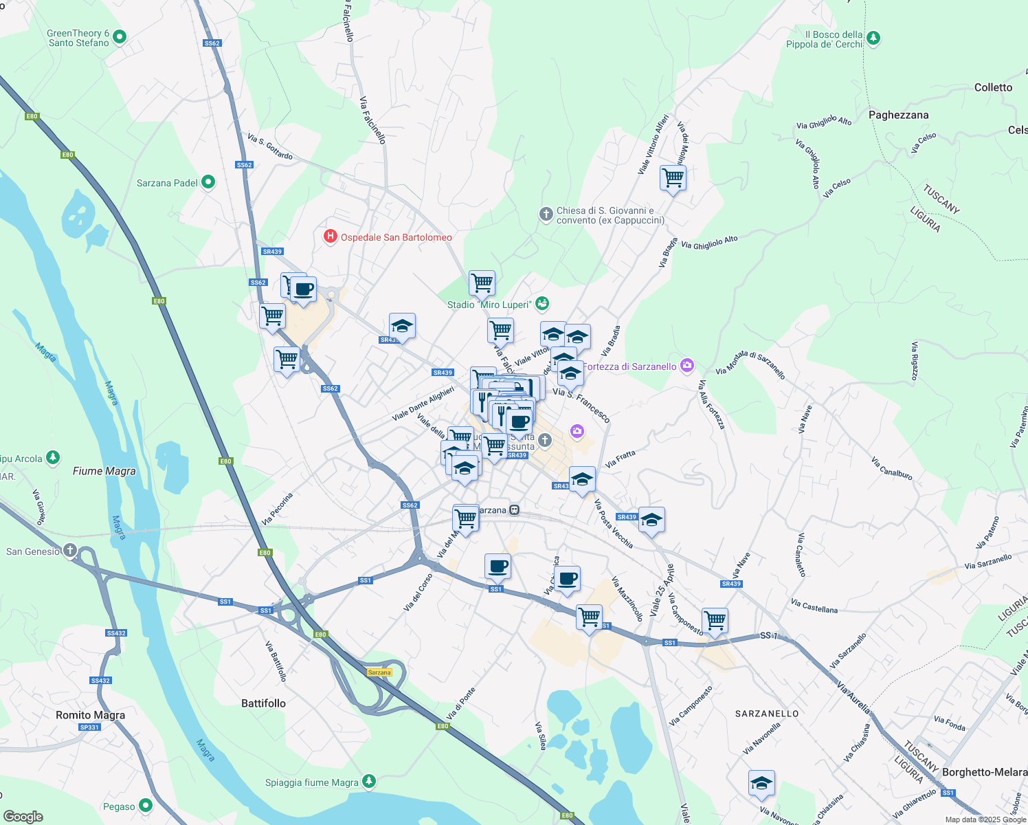 map of restaurants, bars, coffee shops, grocery stores, and more near in Province of La Spezia
