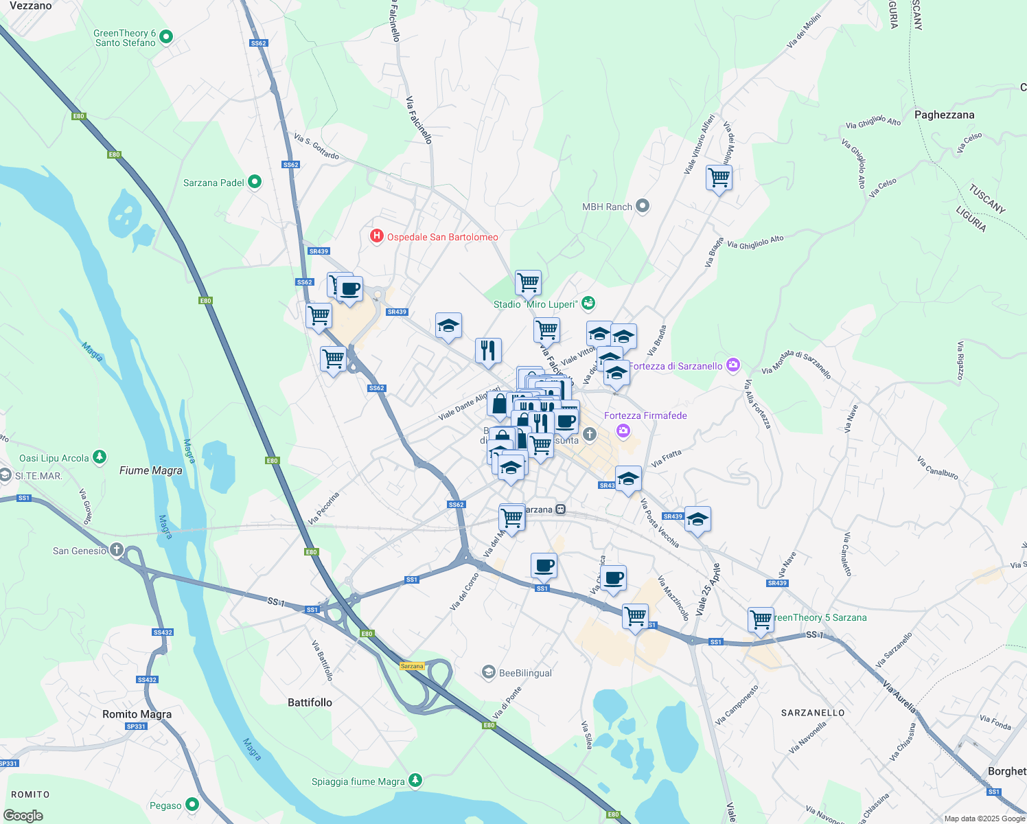 map of restaurants, bars, coffee shops, grocery stores, and more near 9 Via Paganino da Sarzana in Sarzana