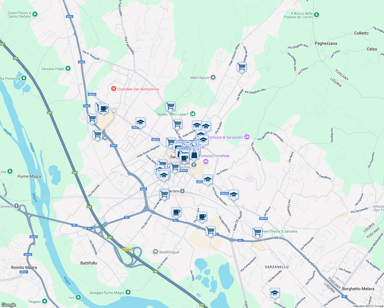 map of restaurants, bars, coffee shops, grocery stores, and more near 16 Via Torrione San Francesco in Sarzana