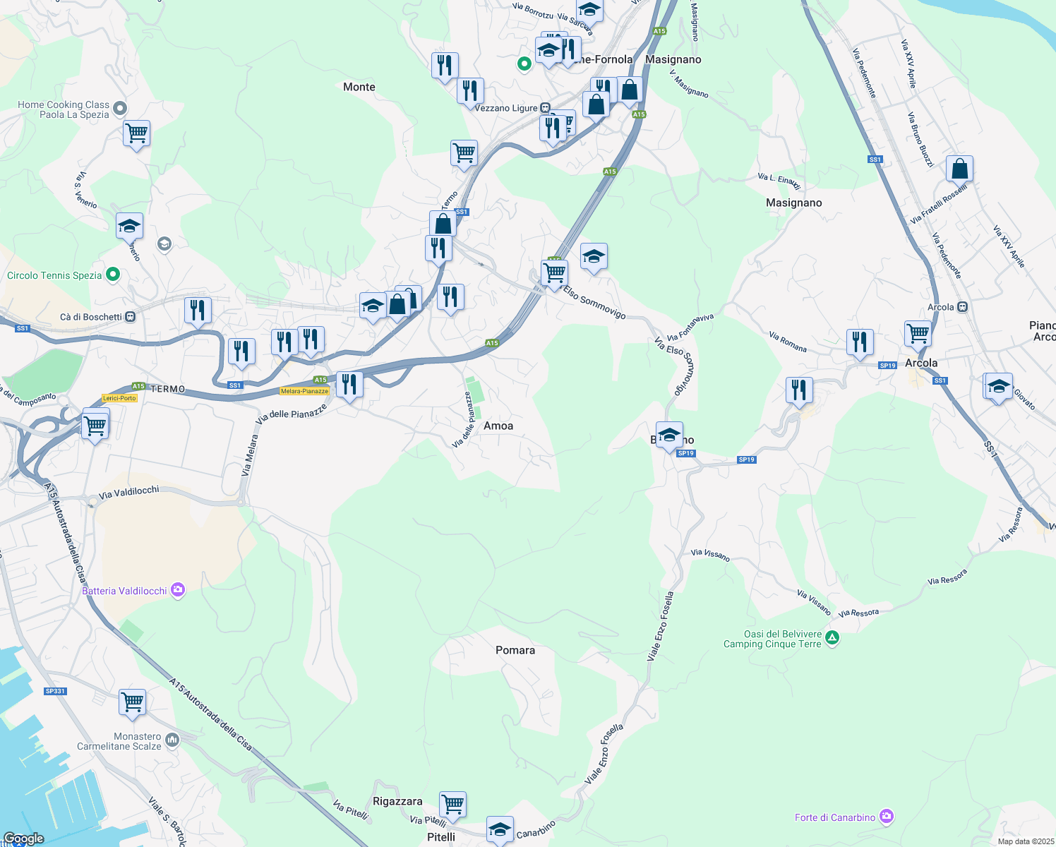 map of restaurants, bars, coffee shops, grocery stores, and more near 21 Via Serra di Baccano in Amoa