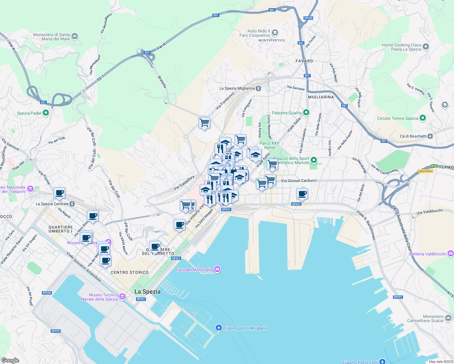 map of restaurants, bars, coffee shops, grocery stores, and more near 48 Via Giovanni Pascoli in La Spezia