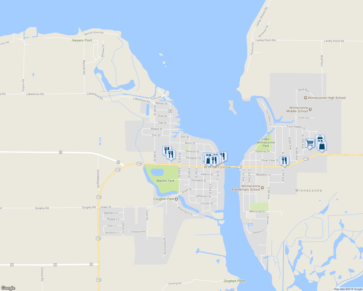 map of restaurants, bars, coffee shops, grocery stores, and more near 235 North 6th Street in Winneconne