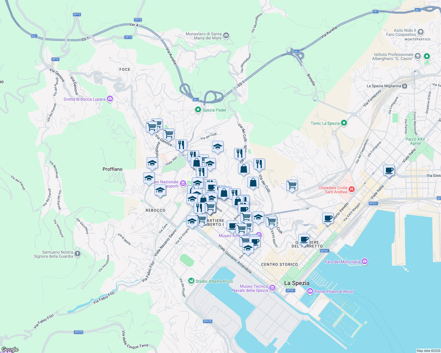map of restaurants, bars, coffee shops, grocery stores, and more near 5 Scalinata Monterosso in La Spezia