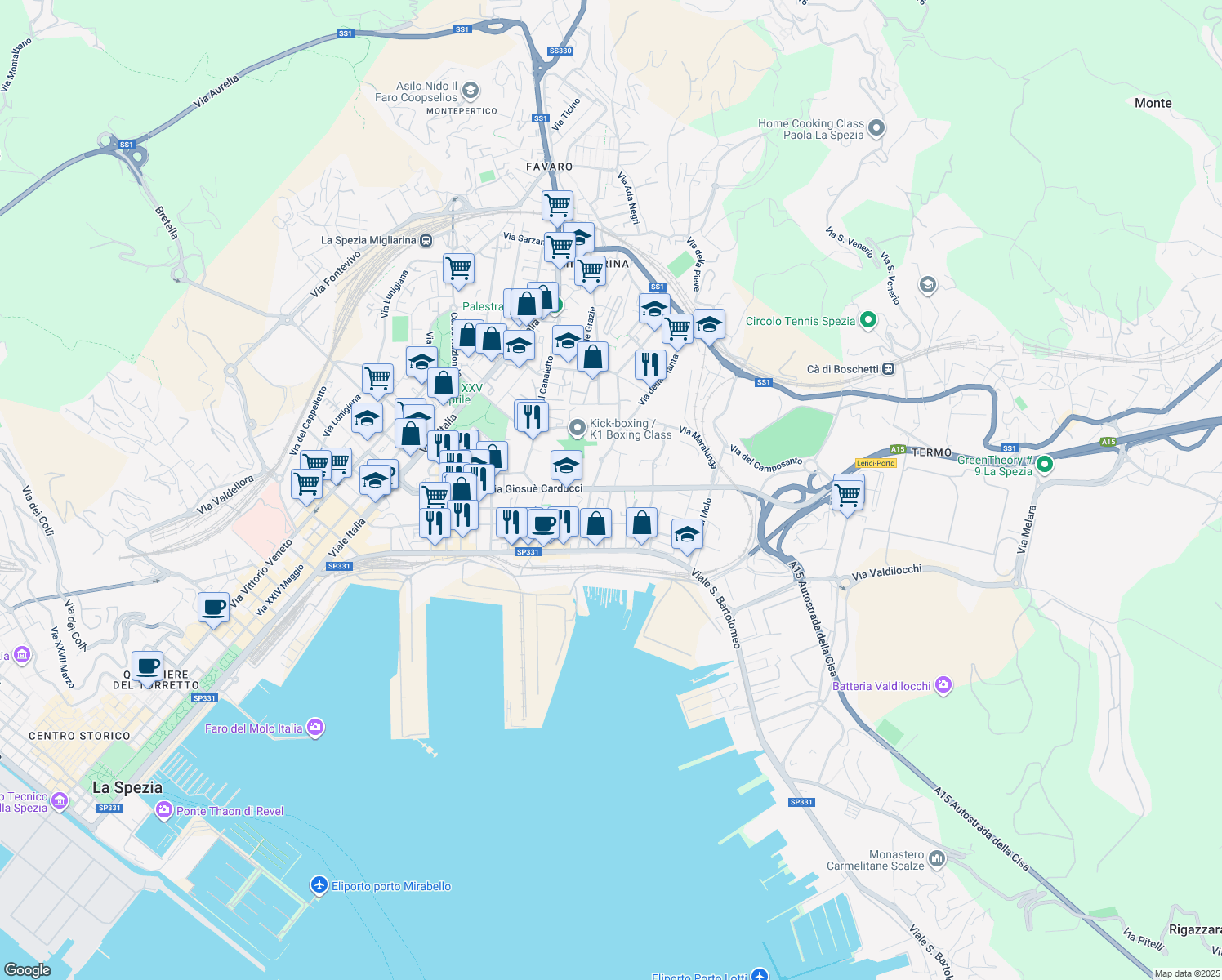 map of restaurants, bars, coffee shops, grocery stores, and more near Via Giosuè Carducci in La Spezia