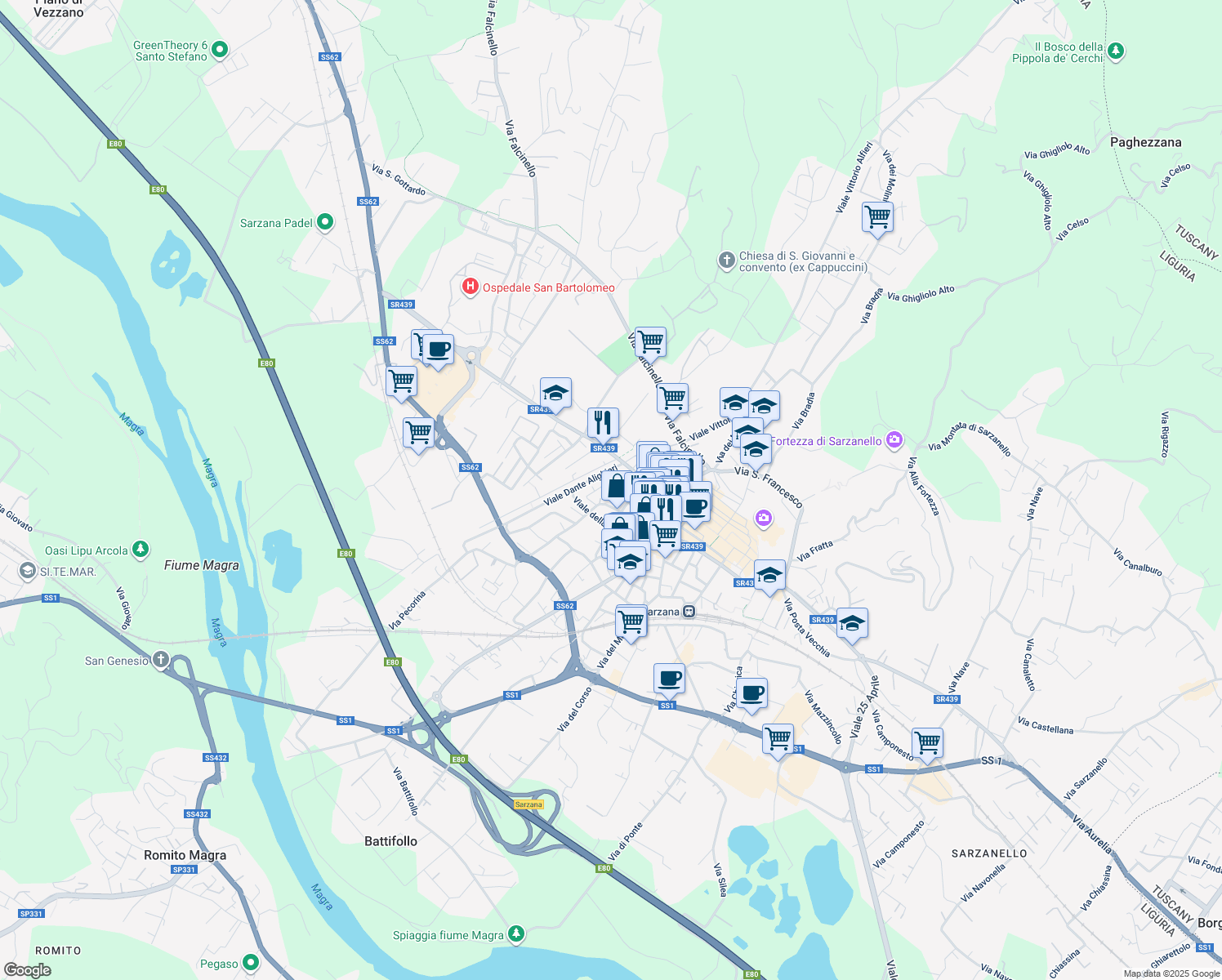 map of restaurants, bars, coffee shops, grocery stores, and more near 9 Via Paganino in Sarzana