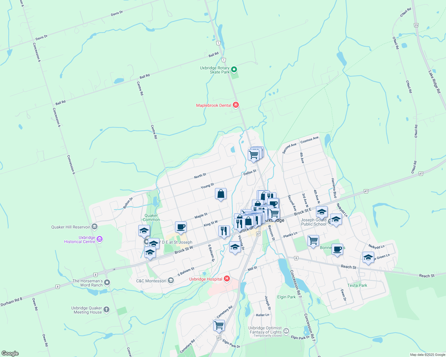 map of restaurants, bars, coffee shops, grocery stores, and more near 46 A Young Street in Uxbridge