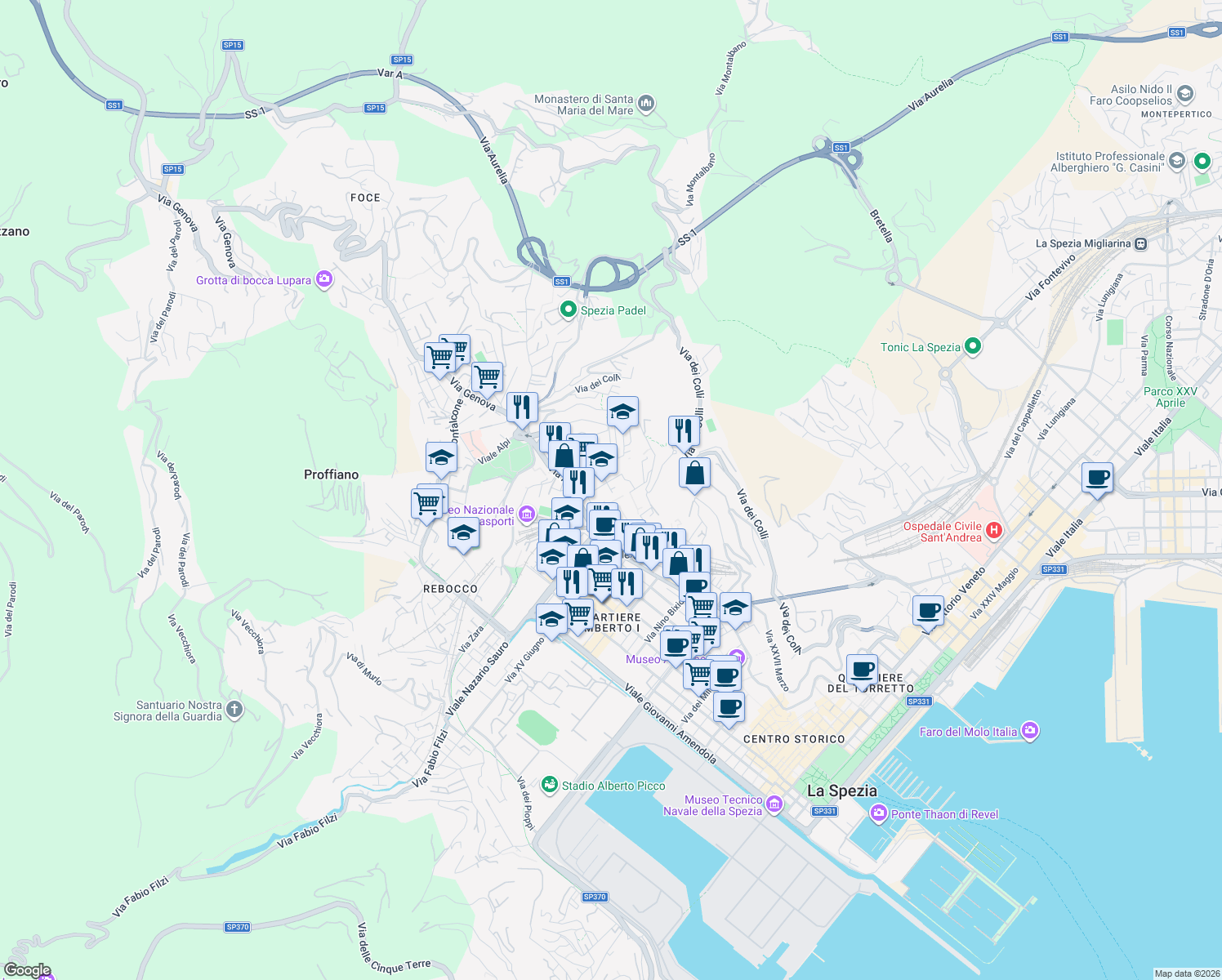 map of restaurants, bars, coffee shops, grocery stores, and more near 50 Via Oldoini Alfredo in La Spezia