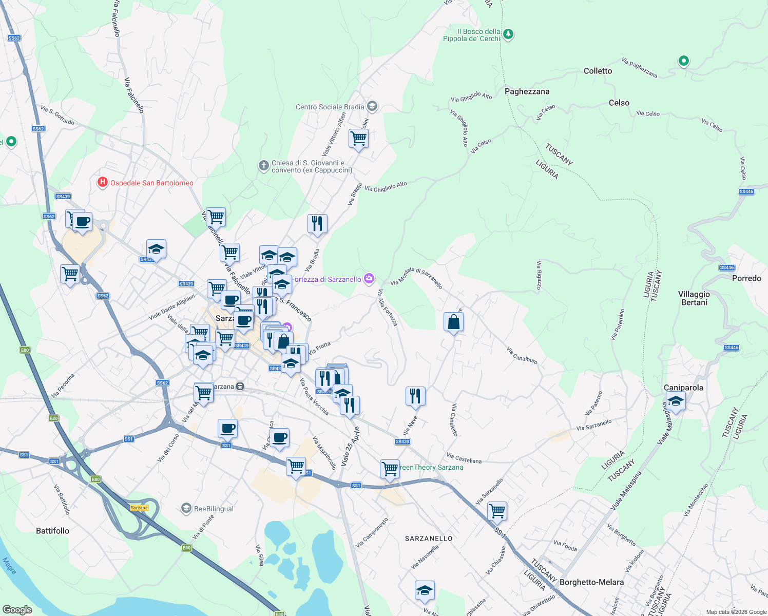 map of restaurants, bars, coffee shops, grocery stores, and more near 35 Via Alla Fortezza in Sarzana