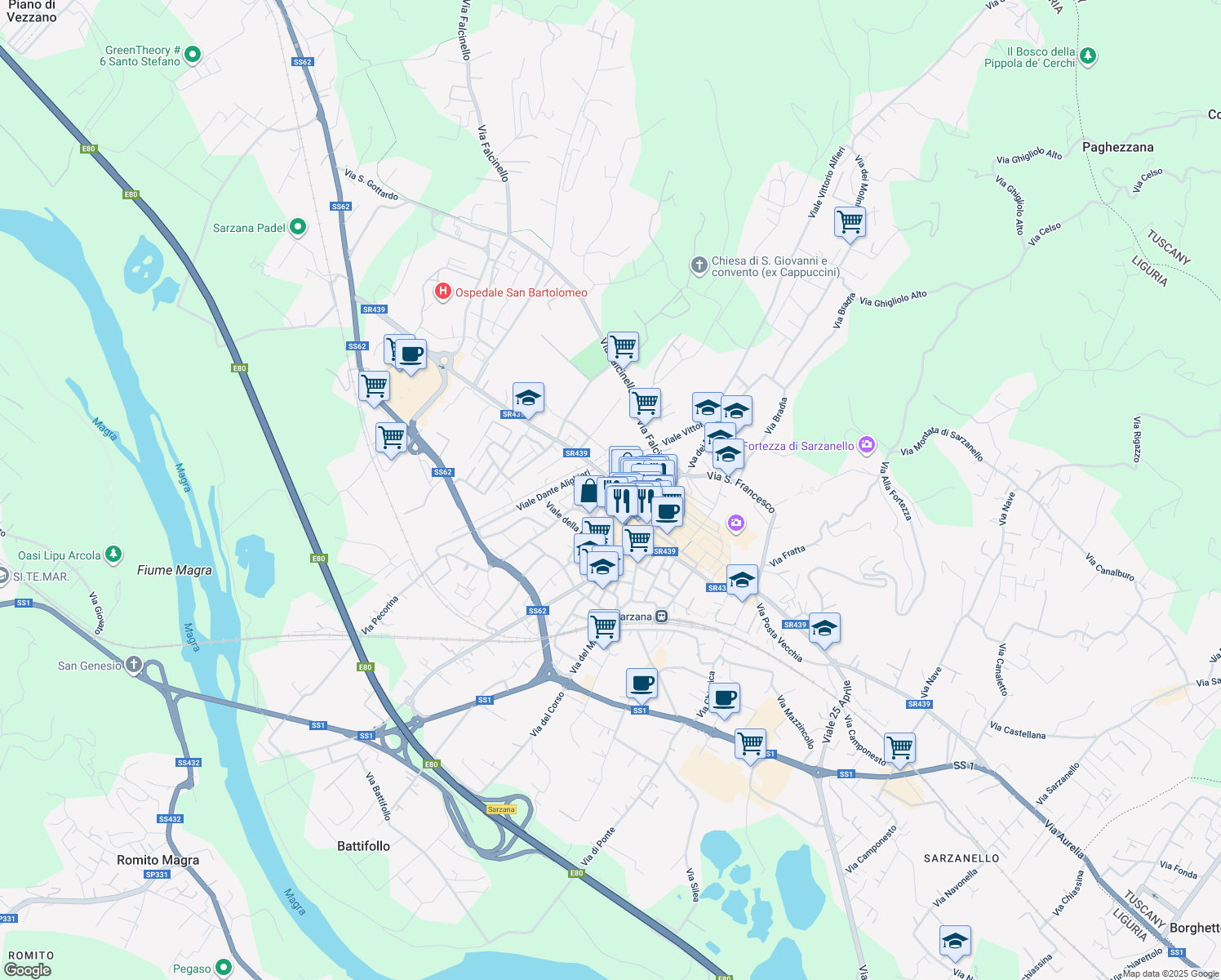 map of restaurants, bars, coffee shops, grocery stores, and more near 30 Via Antonio Bertoloni in Sarzana