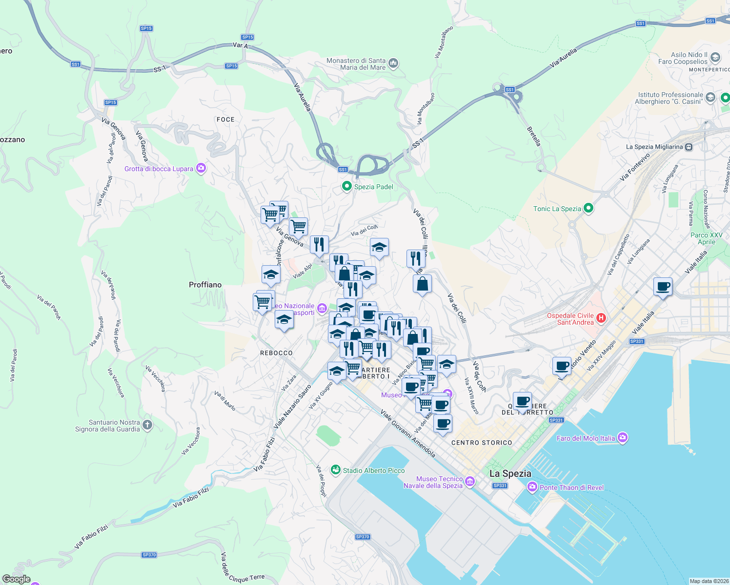 map of restaurants, bars, coffee shops, grocery stores, and more near 50 Via Oldoini Alfredo in La Spezia