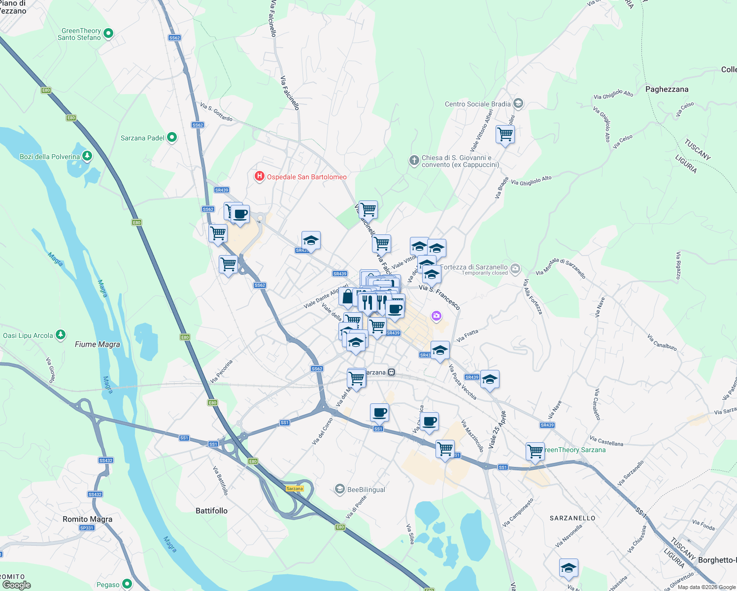 map of restaurants, bars, coffee shops, grocery stores, and more near 30 Via Antonio Bertoloni in Sarzana