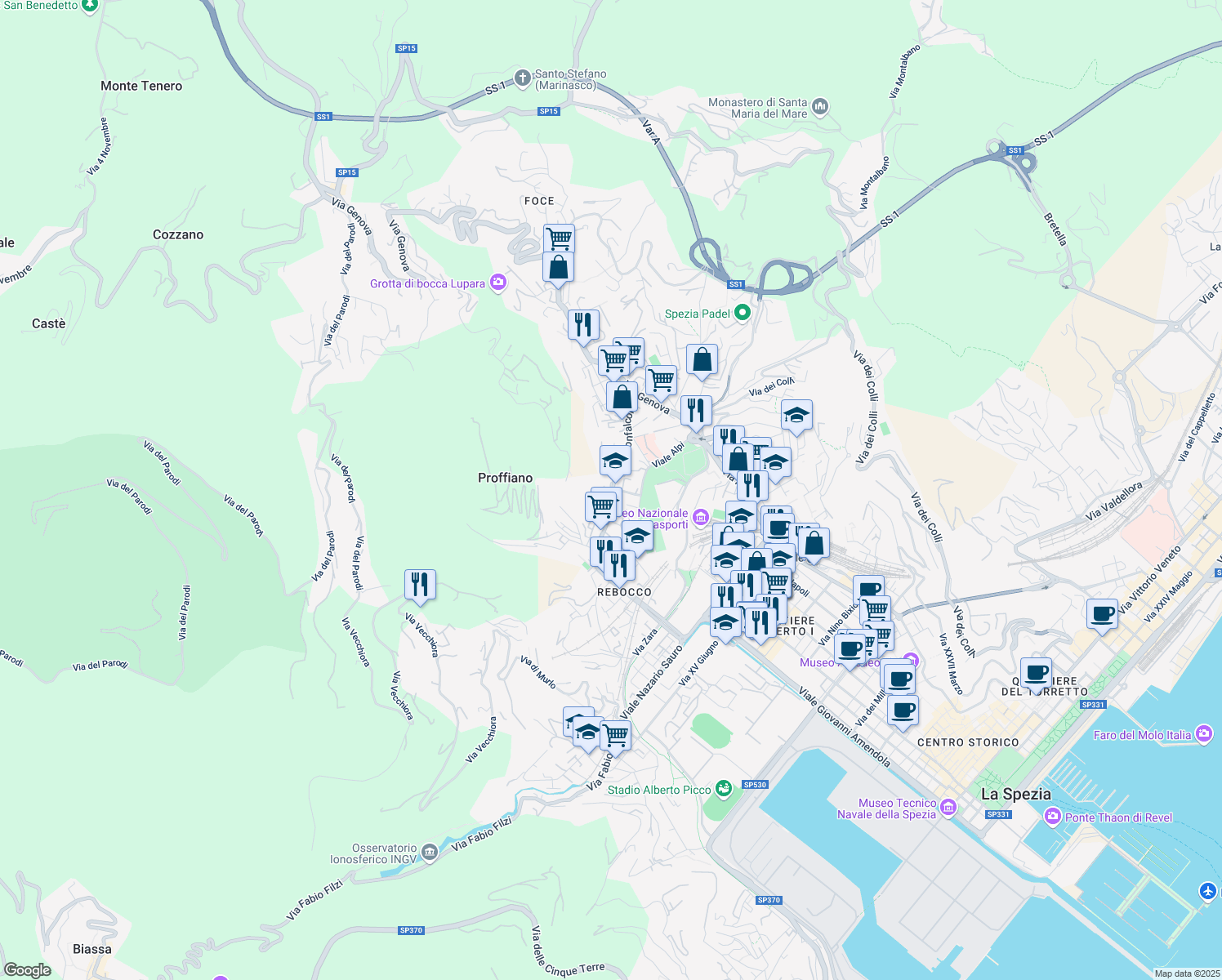 map of restaurants, bars, coffee shops, grocery stores, and more near 23 Via Monfalcone in La Spezia