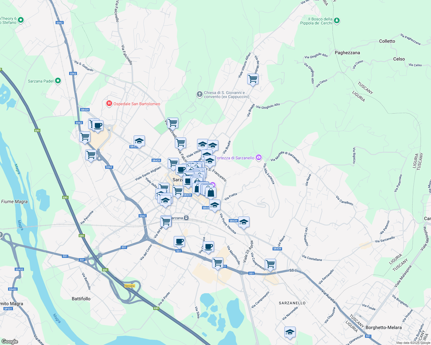 map of restaurants, bars, coffee shops, grocery stores, and more near 10 Via San Francesco in Sarzana