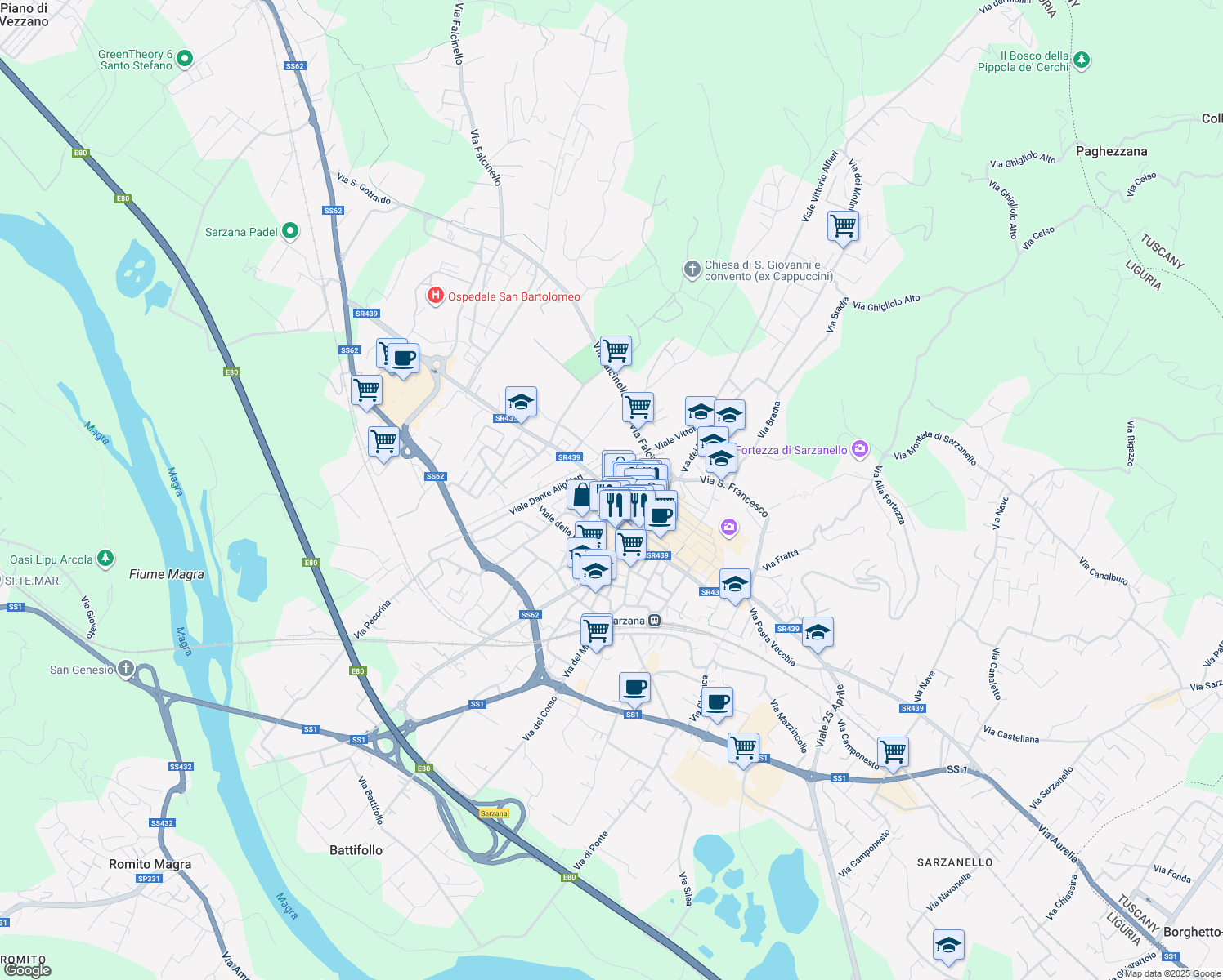 map of restaurants, bars, coffee shops, grocery stores, and more near 30 Via Antonio Bertoloni in Sarzana