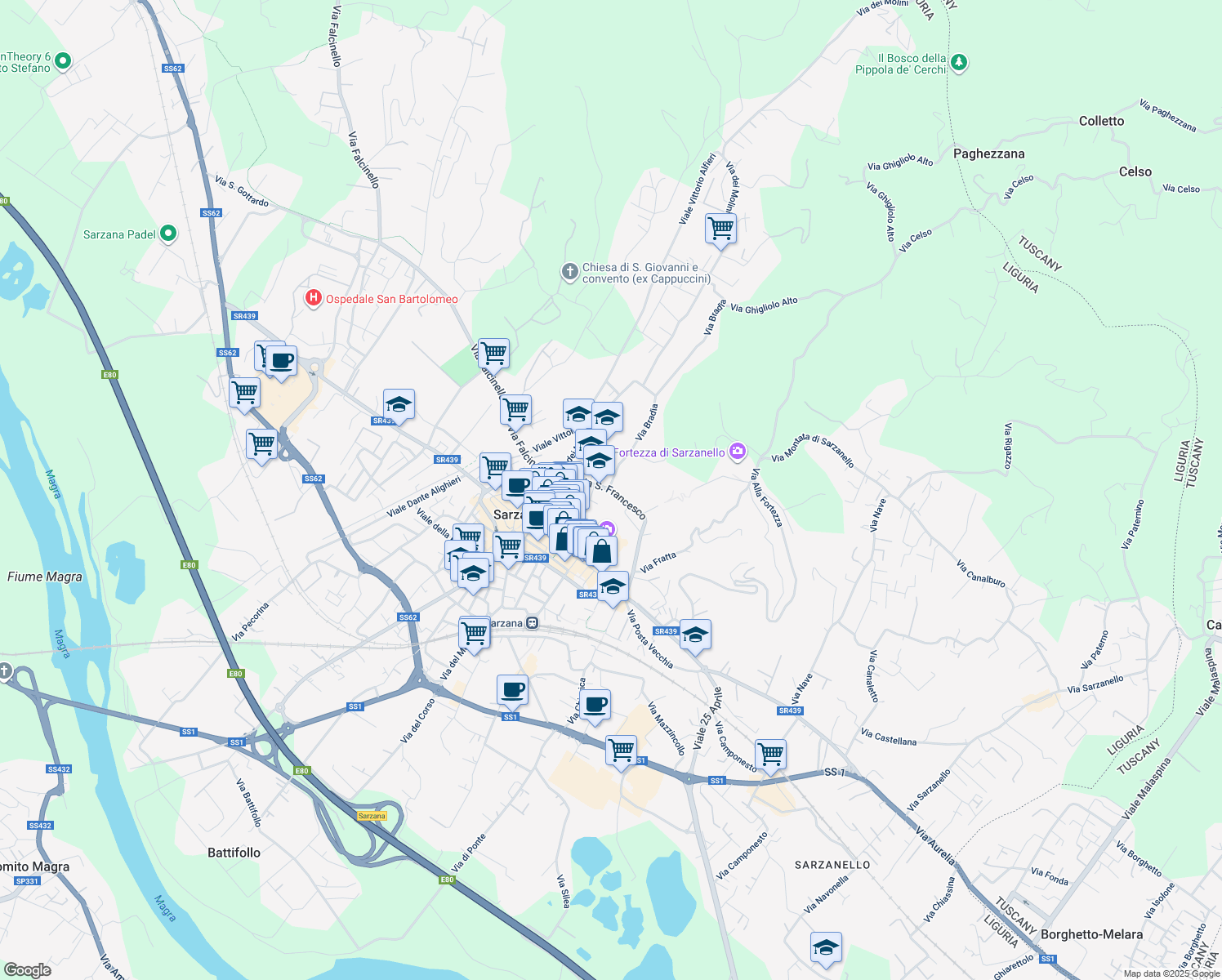 map of restaurants, bars, coffee shops, grocery stores, and more near 10 Via San Francesco in Sarzana