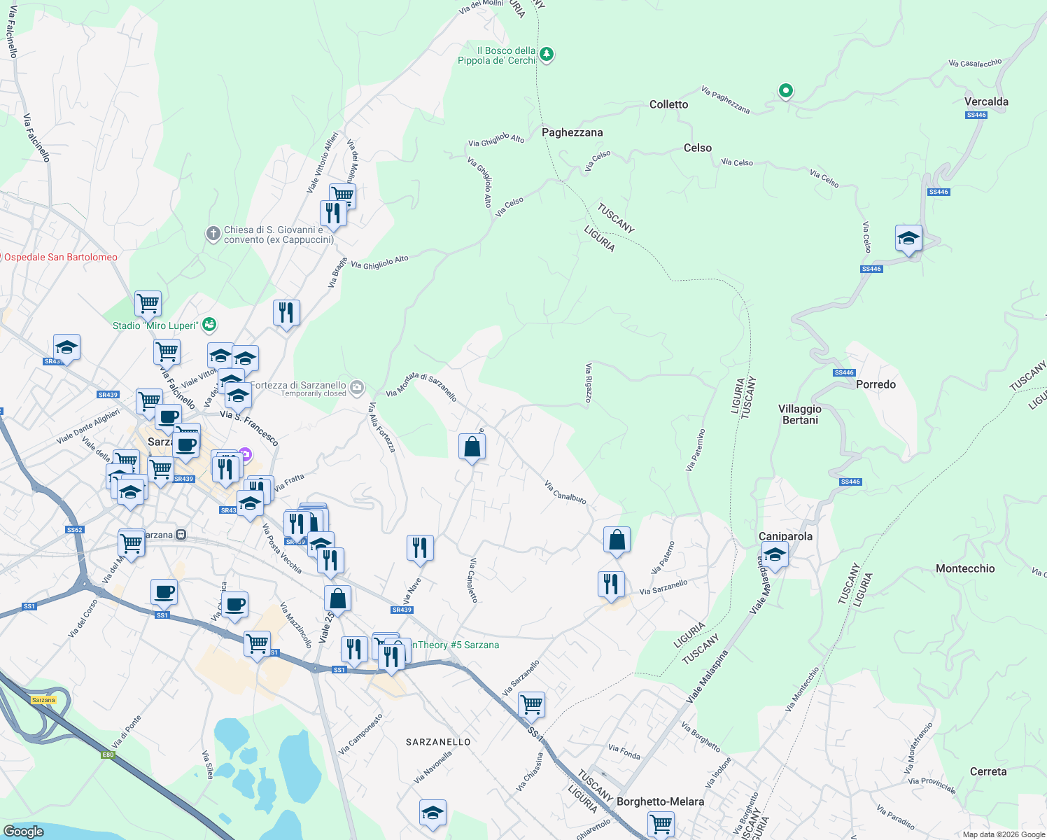 map of restaurants, bars, coffee shops, grocery stores, and more near 122H Via Canalburo in La Spezia