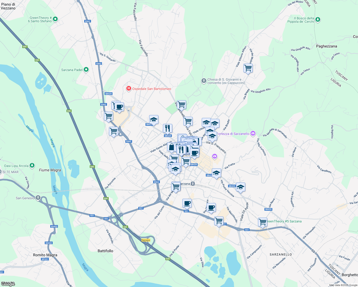 map of restaurants, bars, coffee shops, grocery stores, and more near 6 Viale Vittorio Alfieri in Sarzana