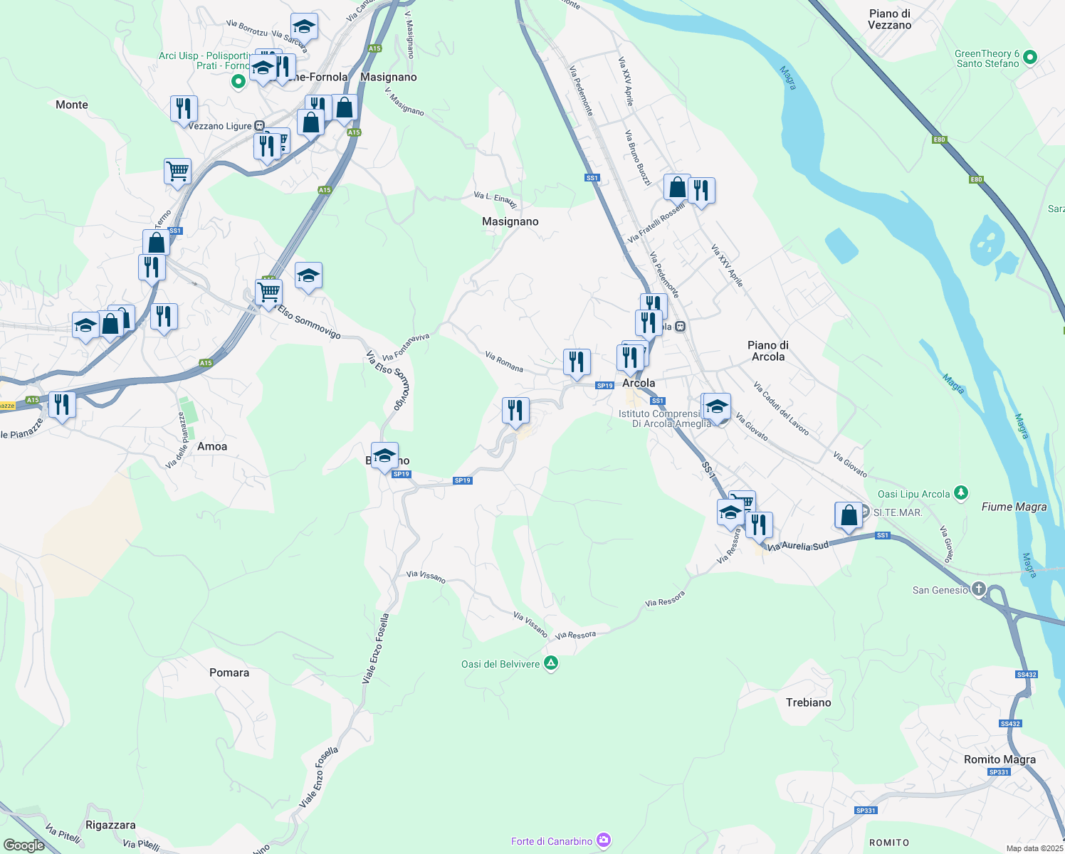 map of restaurants, bars, coffee shops, grocery stores, and more near 15 Via Franciosi in Arcola
