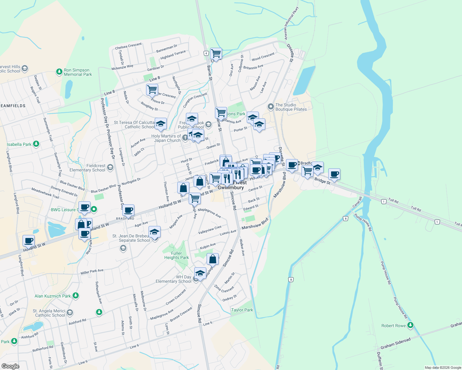 map of restaurants, bars, coffee shops, grocery stores, and more near 2 Holland St E in Bradford West Gwillimbury