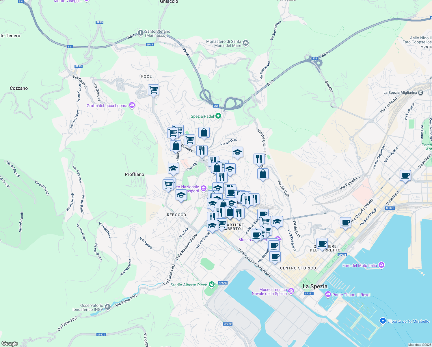 map of restaurants, bars, coffee shops, grocery stores, and more near 27 Via Vincenzo Bellini in La Spezia