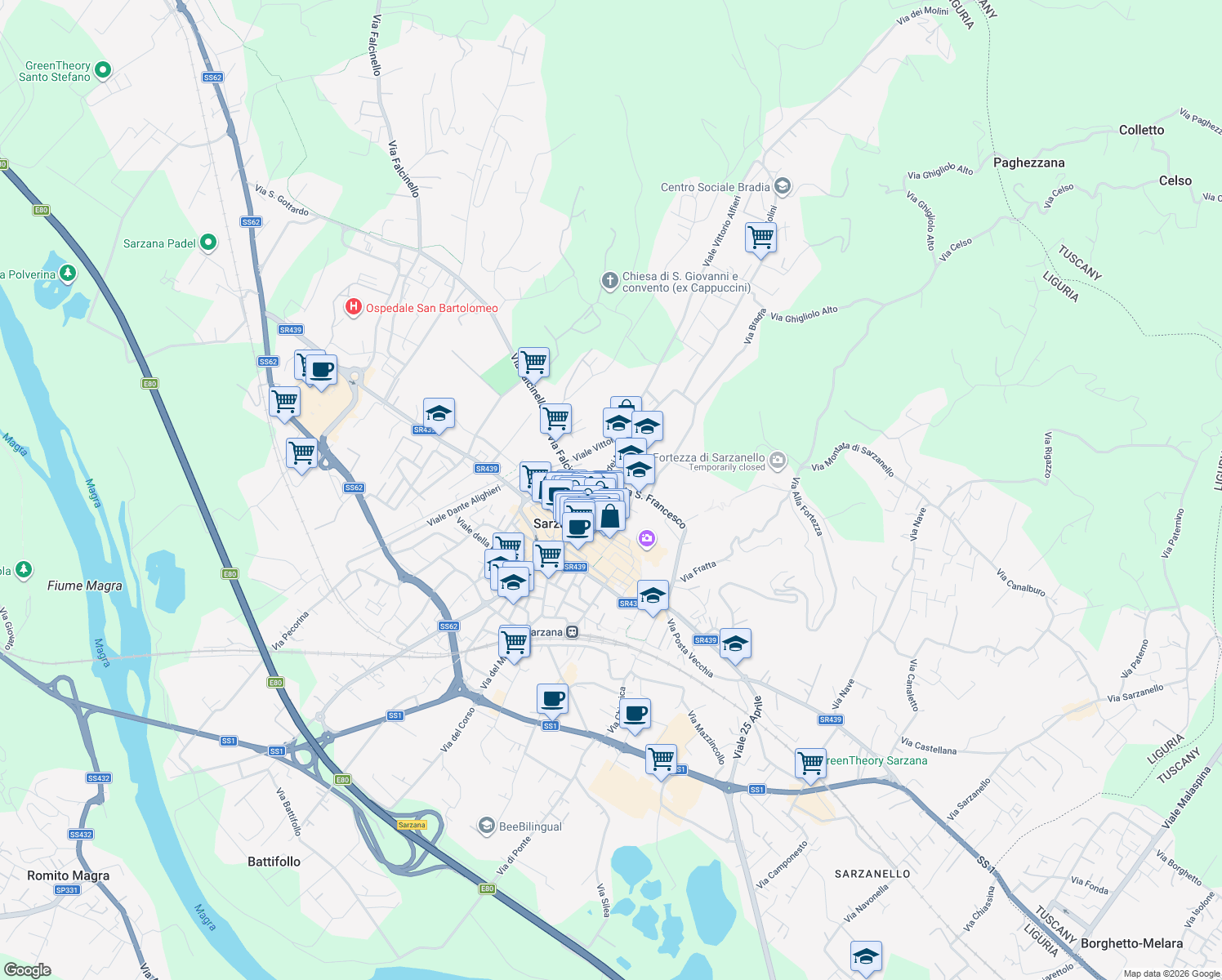 map of restaurants, bars, coffee shops, grocery stores, and more near Piazza Dino Ricchetti in Sarzana