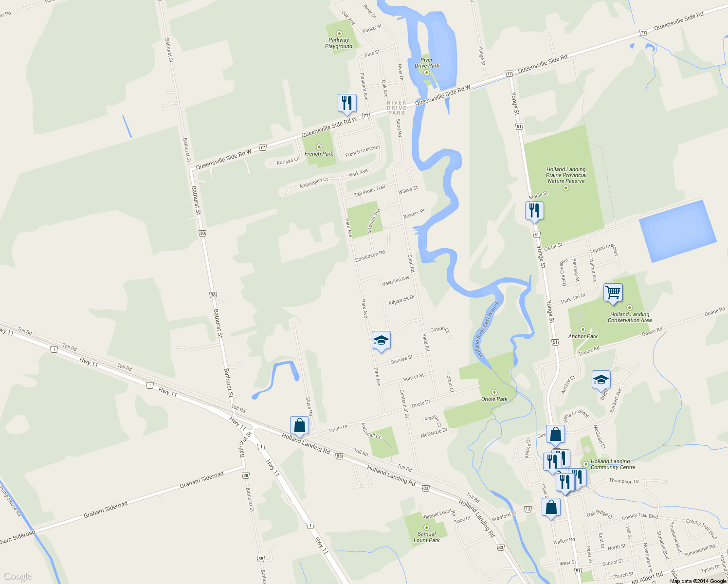 map of restaurants, bars, coffee shops, grocery stores, and more near 115 Park Avenue in East Gwillimbury