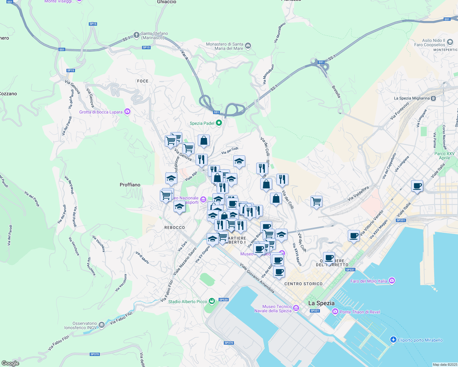 map of restaurants, bars, coffee shops, grocery stores, and more near 64 Via Claudio Monteverdi in La Spezia