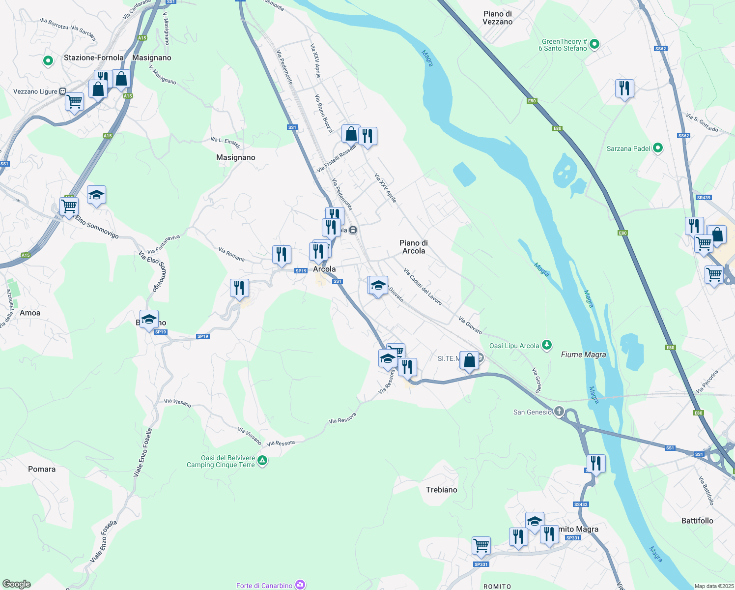 map of restaurants, bars, coffee shops, grocery stores, and more near 74 Via Porcareda in Arcola