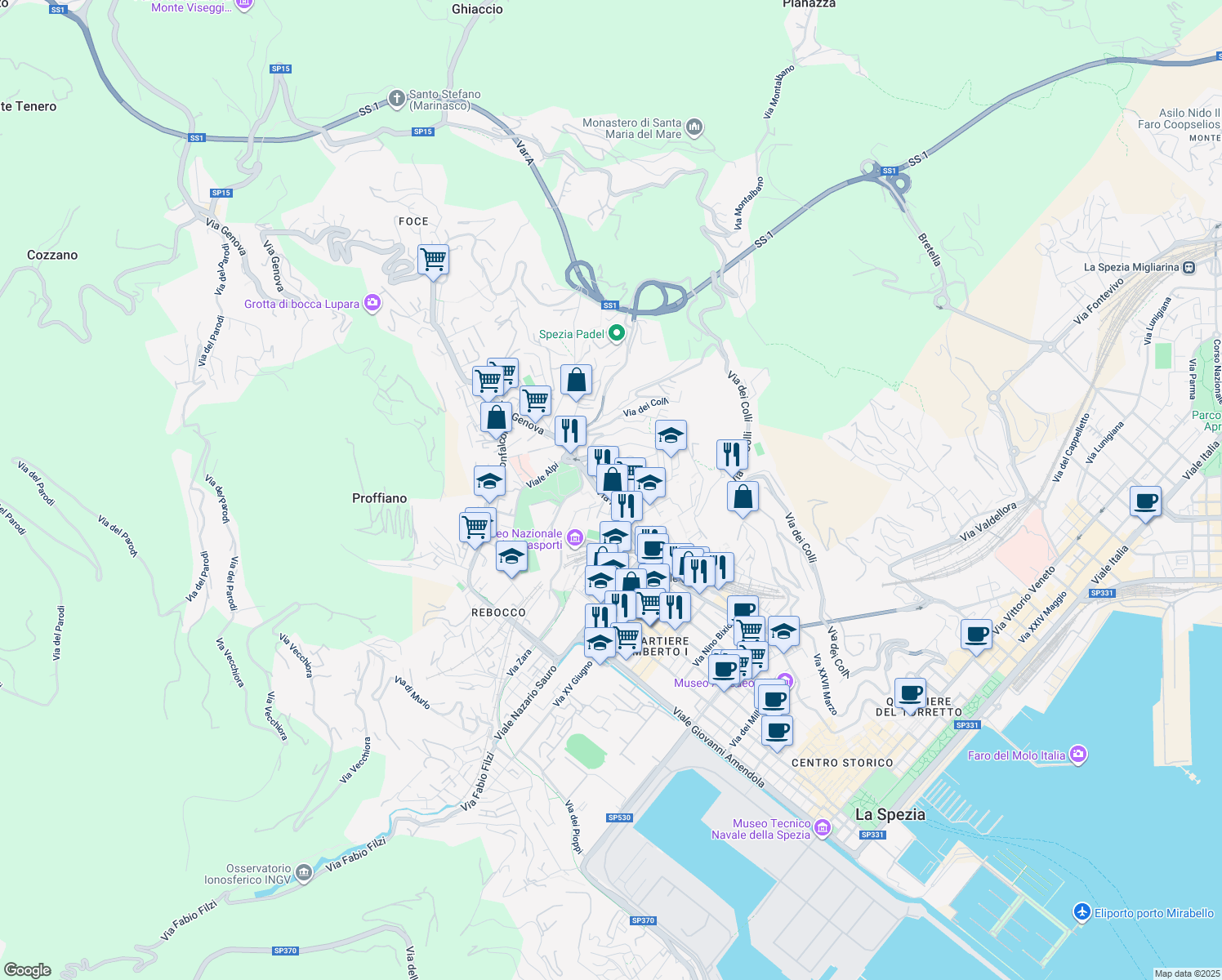 map of restaurants, bars, coffee shops, grocery stores, and more near 27 Via Vincenzo Bellini in La Spezia