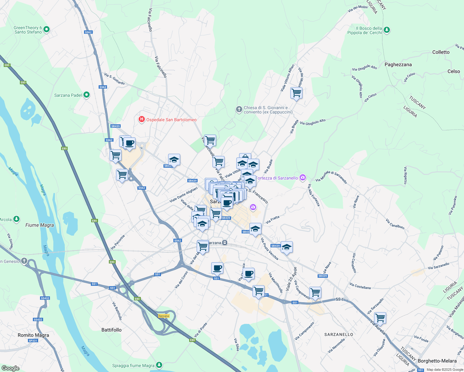map of restaurants, bars, coffee shops, grocery stores, and more near 6 Via Falcinello in Sarzana