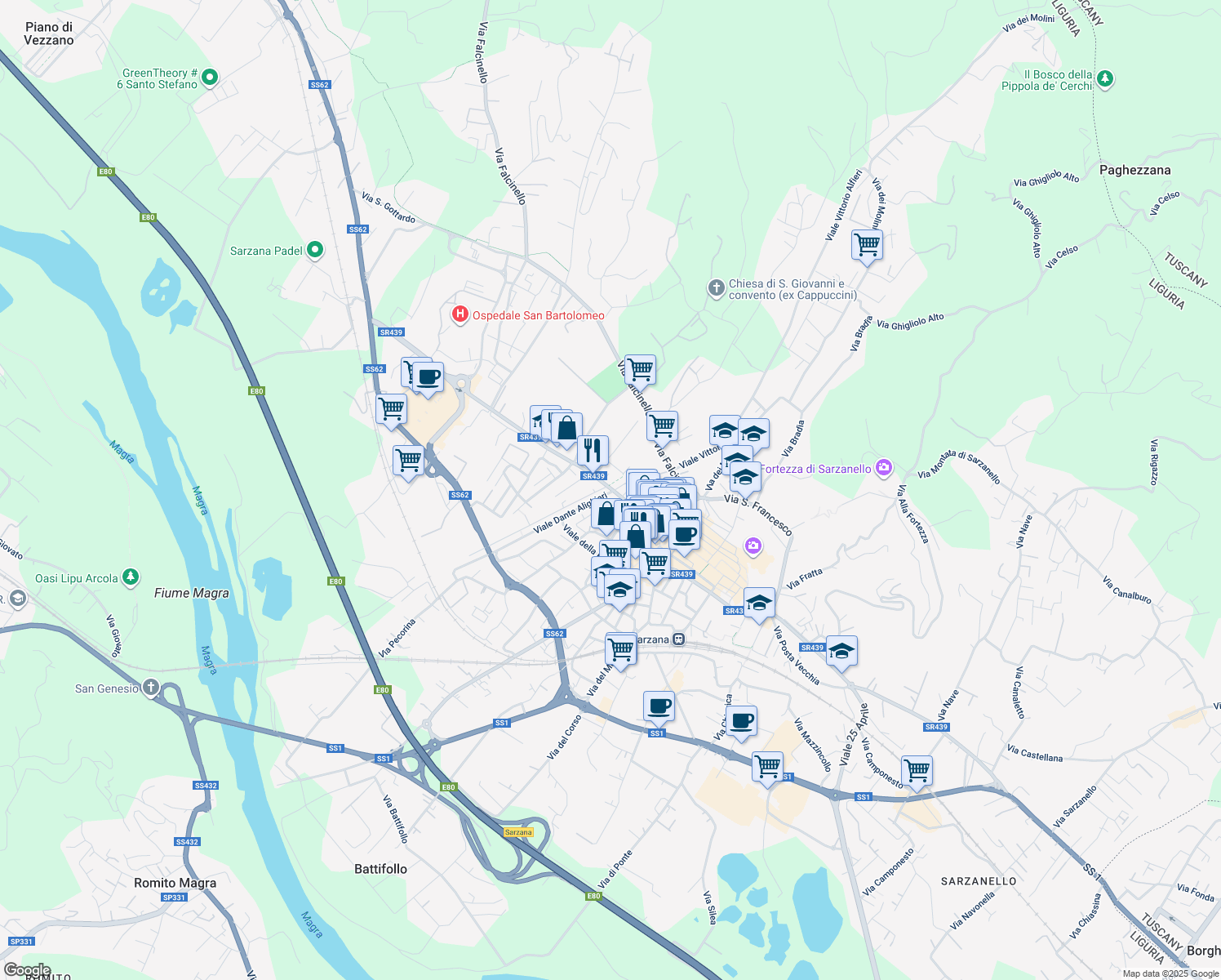 map of restaurants, bars, coffee shops, grocery stores, and more near 4 Via Cisa in Sarzana
