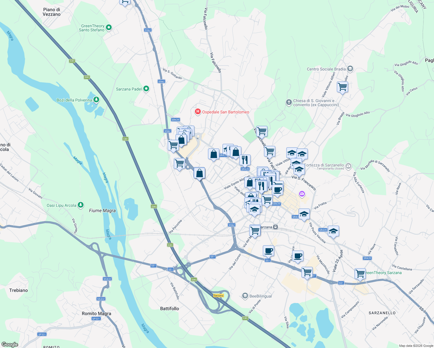 map of restaurants, bars, coffee shops, grocery stores, and more near 15 Via Paolo Diana in Sarzana
