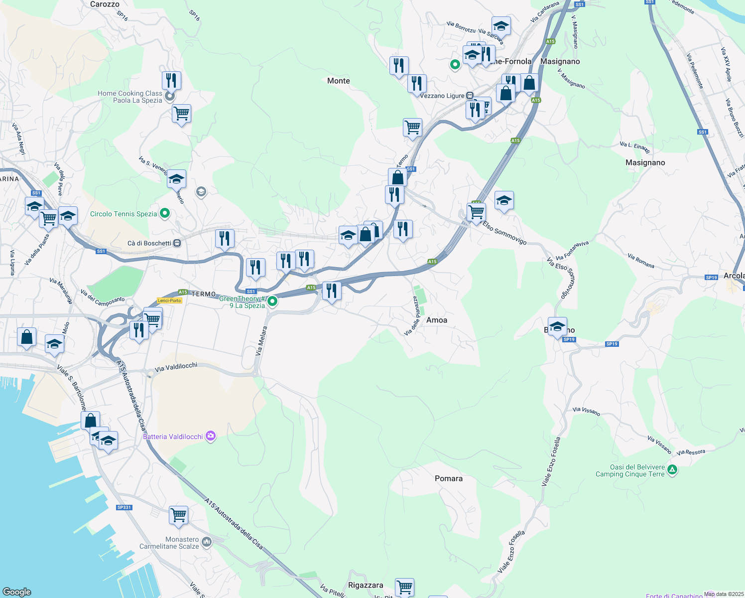 map of restaurants, bars, coffee shops, grocery stores, and more near 150 Via delle Pianazze in La Spezia