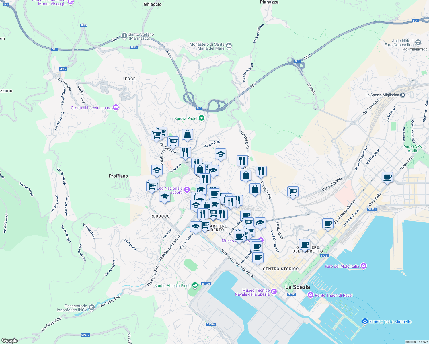 map of restaurants, bars, coffee shops, grocery stores, and more near 64 Via Claudio Monteverdi in La Spezia