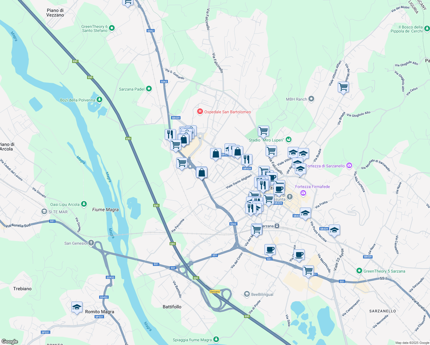 map of restaurants, bars, coffee shops, grocery stores, and more near 20 Via Paolo Diana in Sarzana