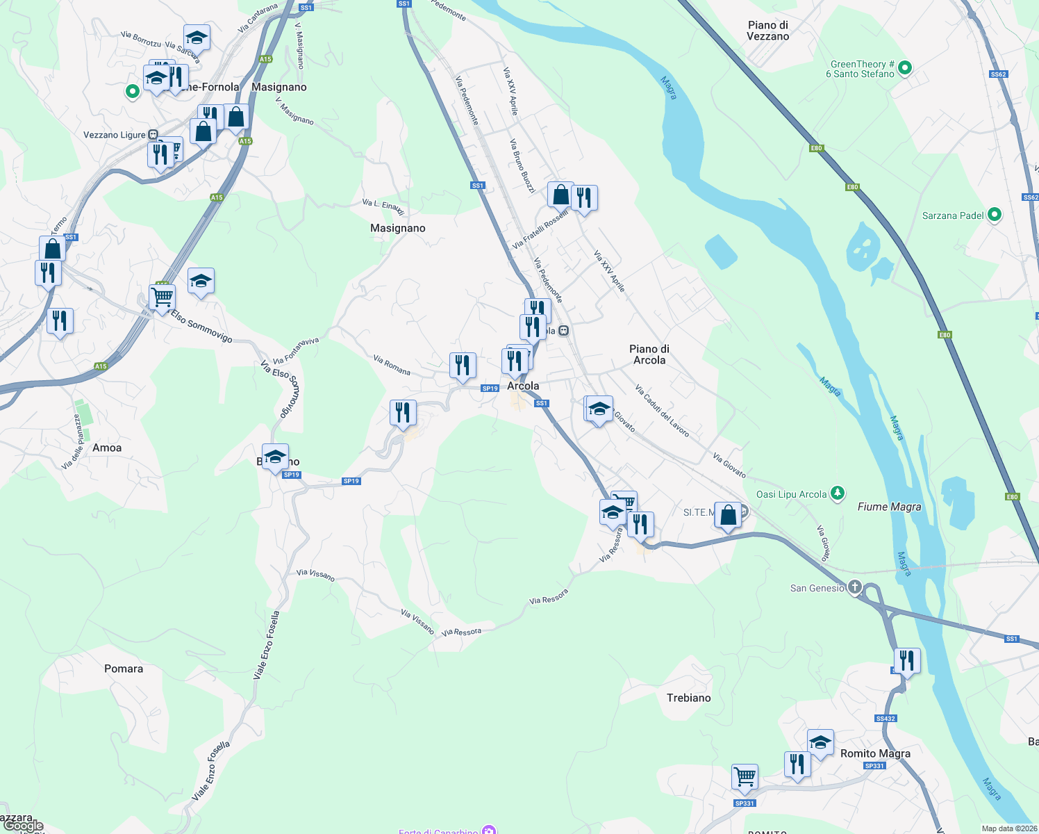 map of restaurants, bars, coffee shops, grocery stores, and more near 33 Via Valle in Arcola